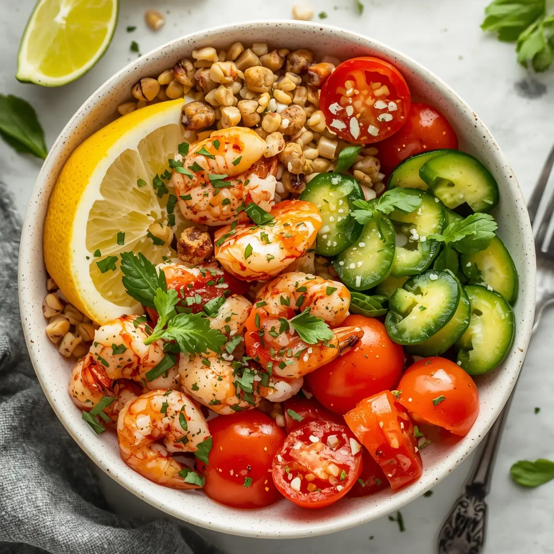 A vibrant shrimp and couscous Mediterranean bowl with fresh vegetables.