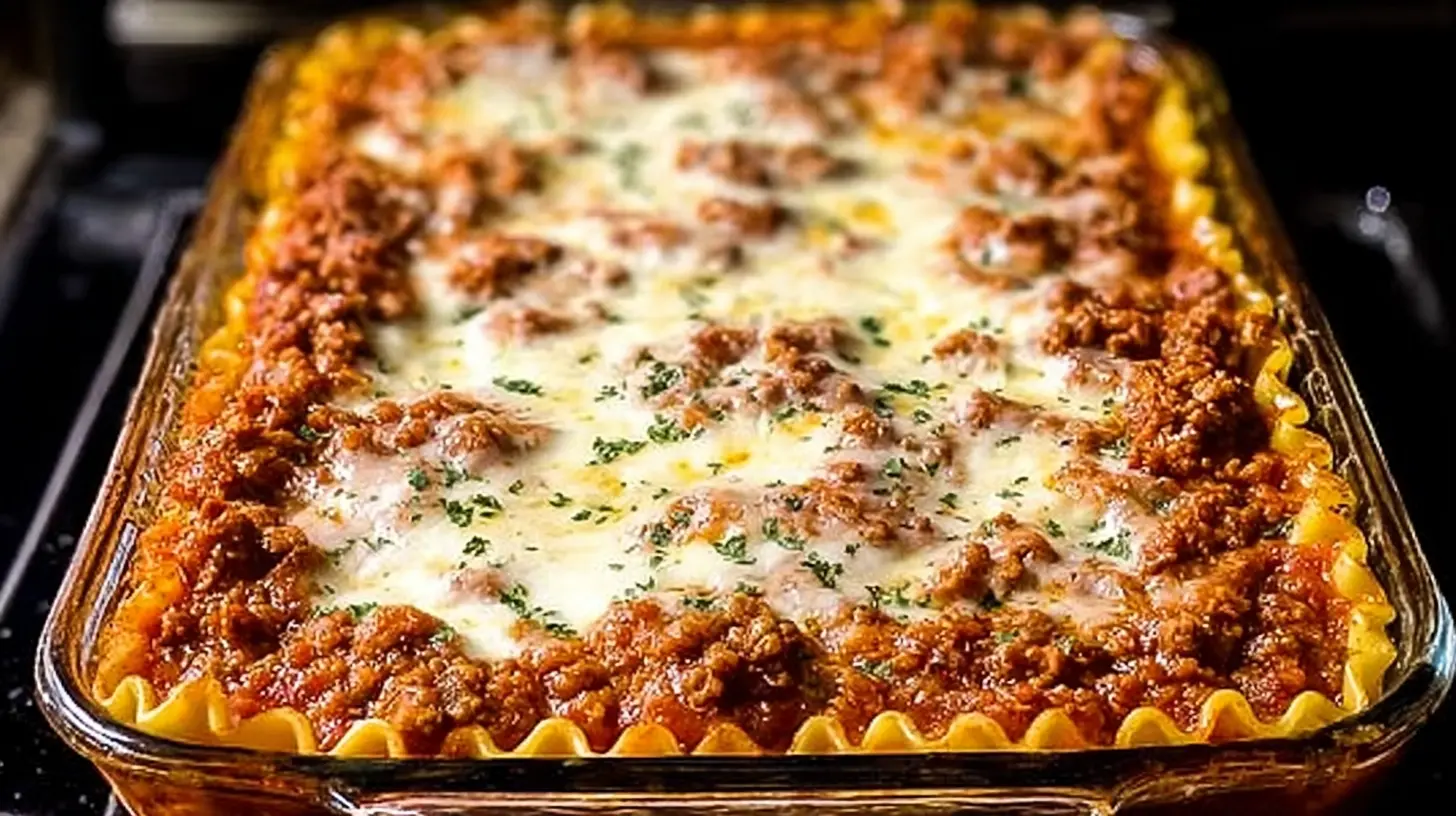 A baked million dollar Italian lasagna, richly layered and golden brown.