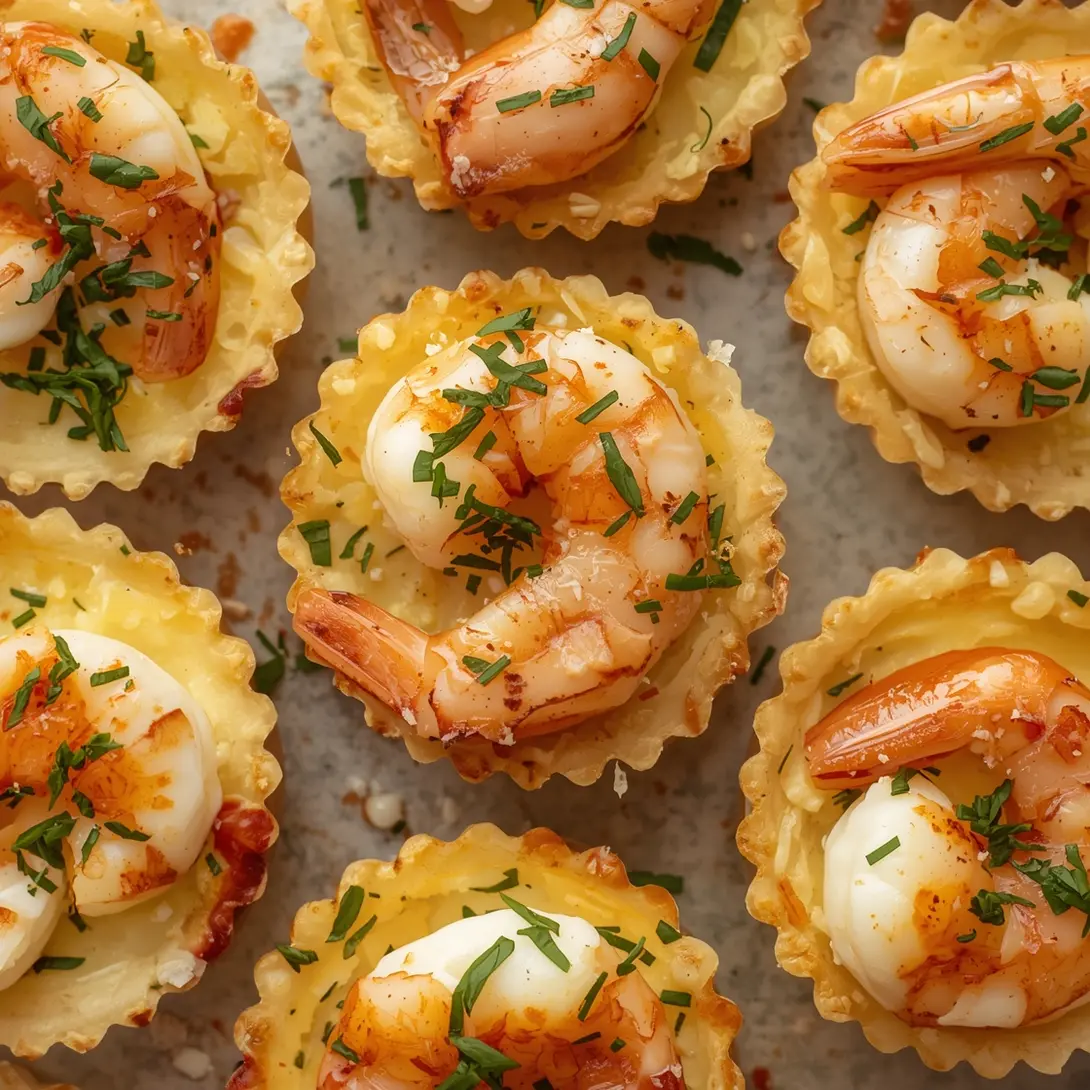 Close-up of mini shrimp and cheese tartlets garnished with fresh herbs, ready to serve