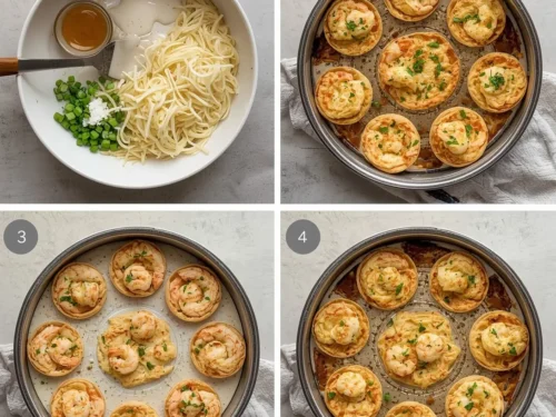Close-up of mini shrimp and cheese tartlets garnished with fresh herbs, ready to serve