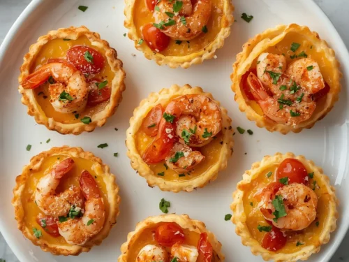 Close-up of mini shrimp and cheese tartlets garnished with fresh herbs, ready to serve