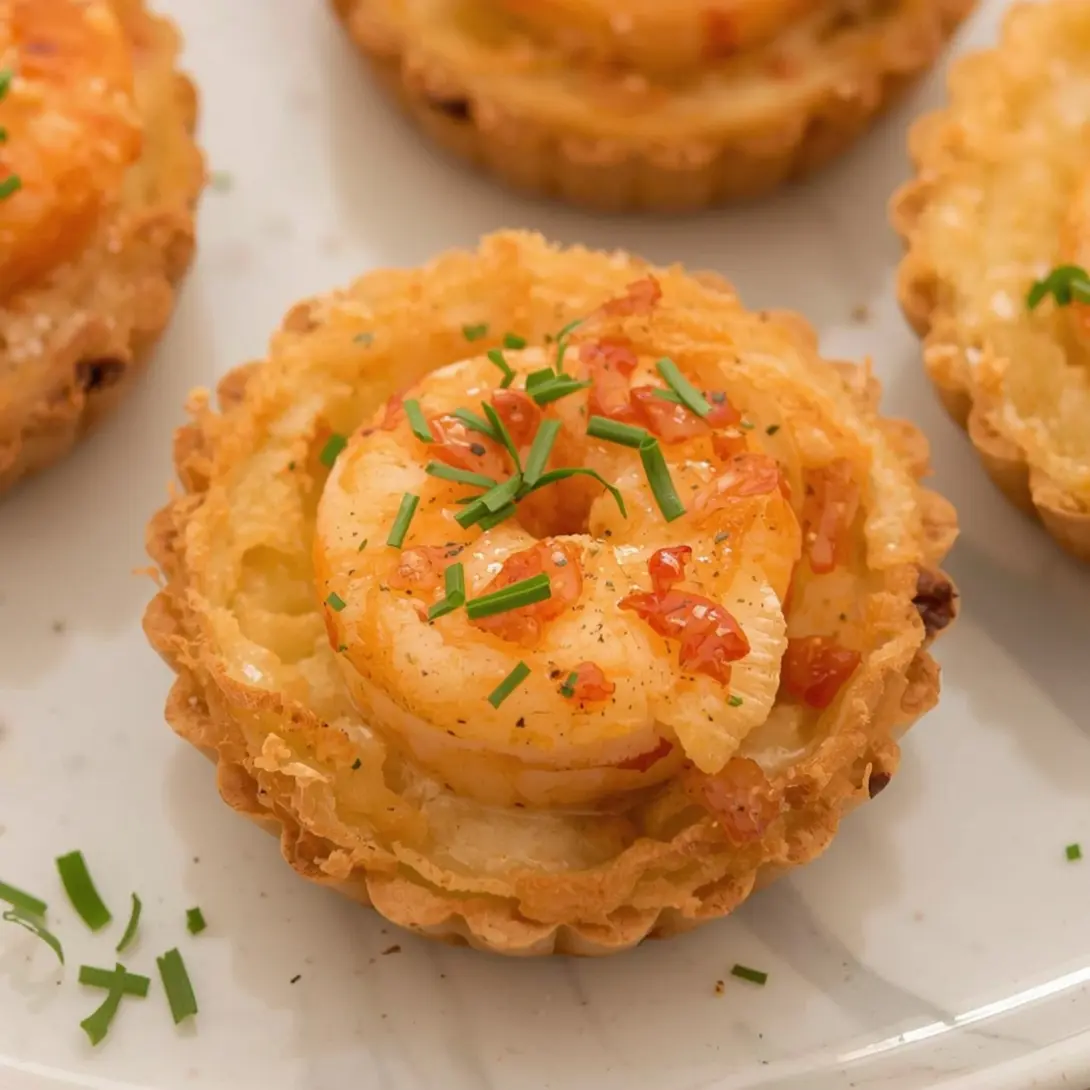 Close-up of mini shrimp and cheese tartlets garnished with fresh herbs, ready to serve