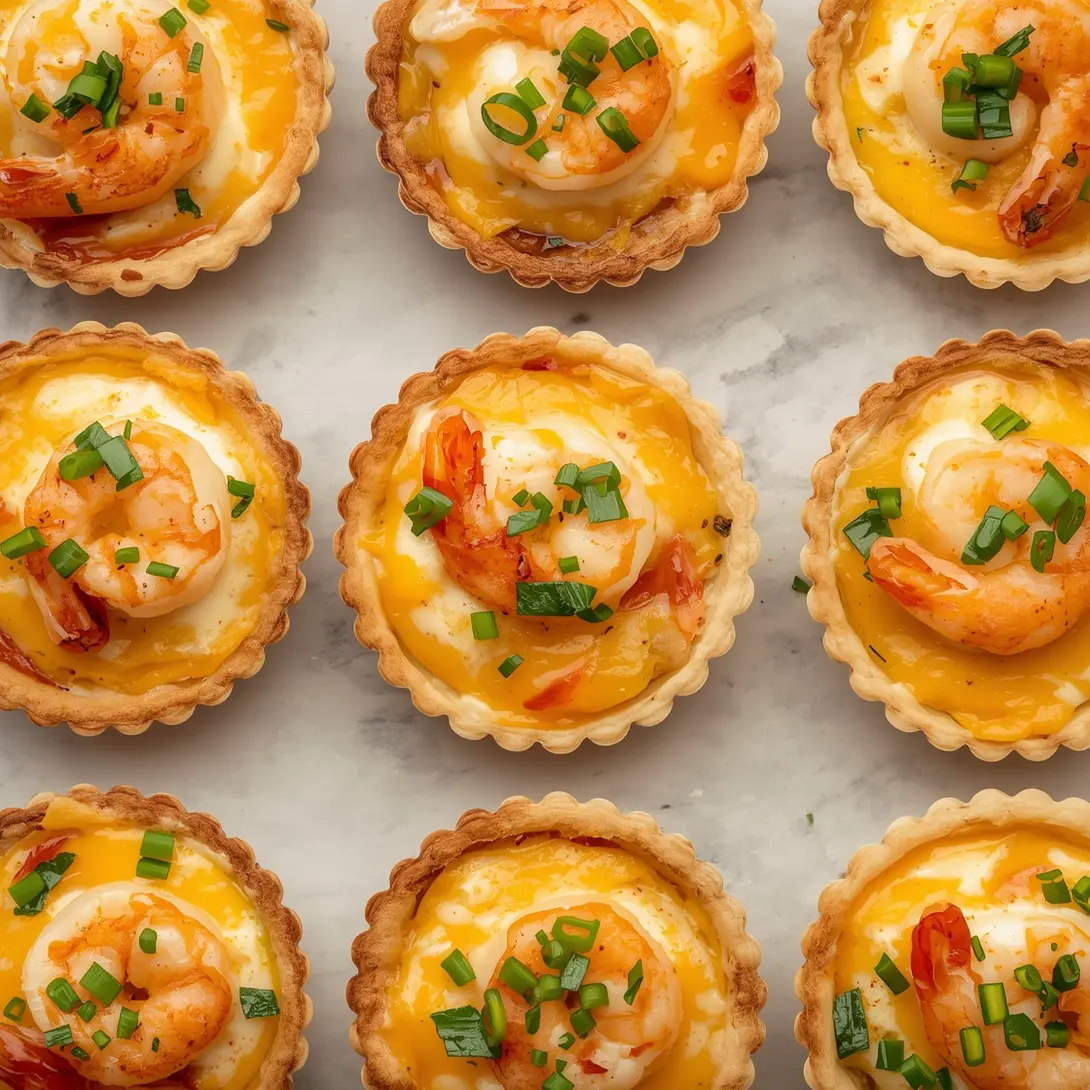 Assortment of golden mini shrimp and cheese tartlets neatly arranged for serving.