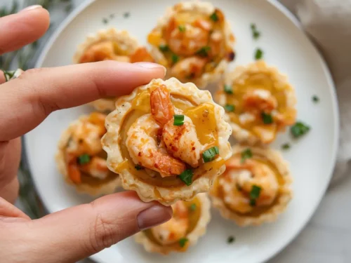 Assortment of golden mini shrimp and cheese tartlets neatly arranged for serving.