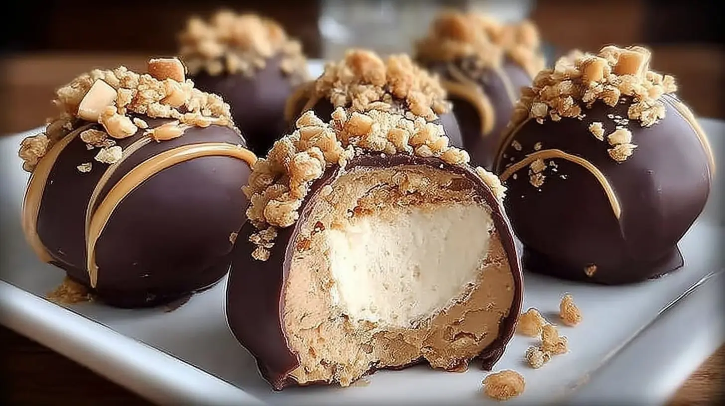 A serving of no bake peanut butter cheesecake balls on a white plate.