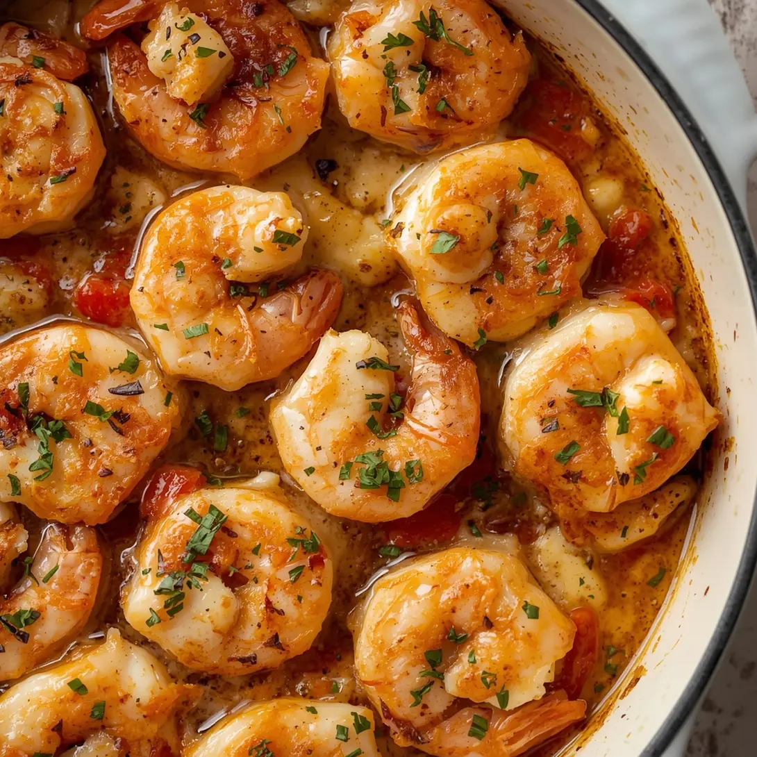 A close-up of golden oven-baked garlic parmesan shrimp in a ceramic baking dish.