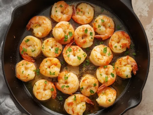 A close-up of golden oven-baked garlic parmesan shrimp in a ceramic baking dish.
