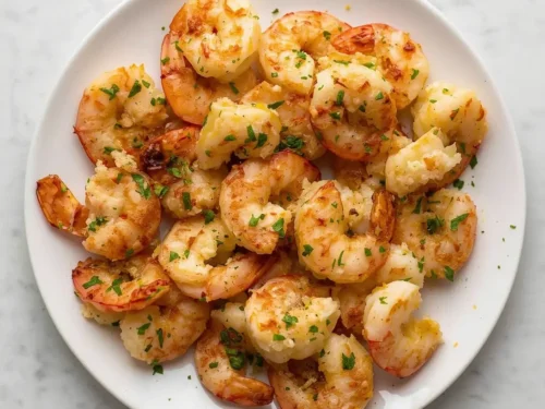 A close-up of golden oven-baked garlic parmesan shrimp in a ceramic baking dish.