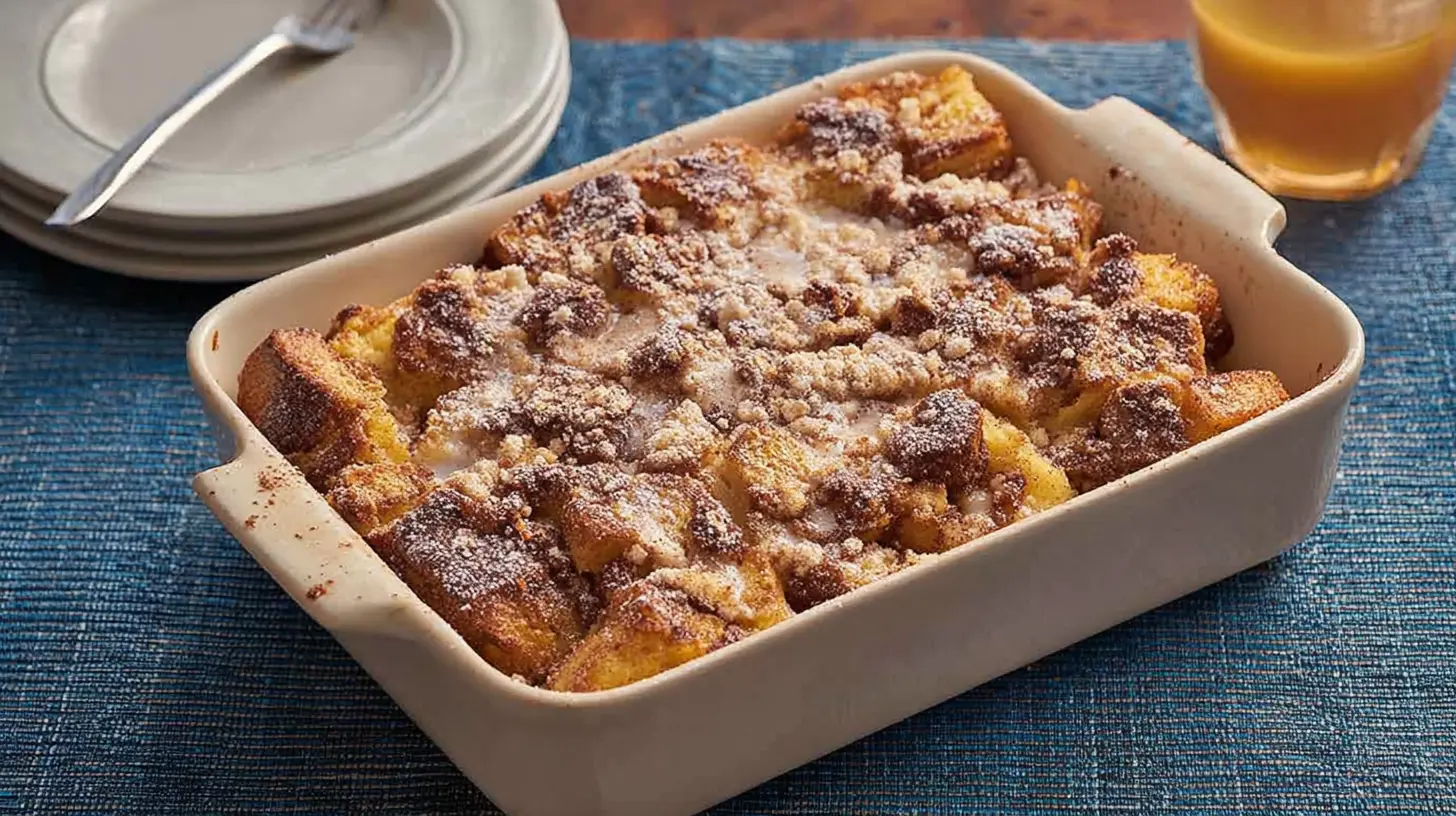 Overnight French Toast Casserole ready for baking in a glass dish.