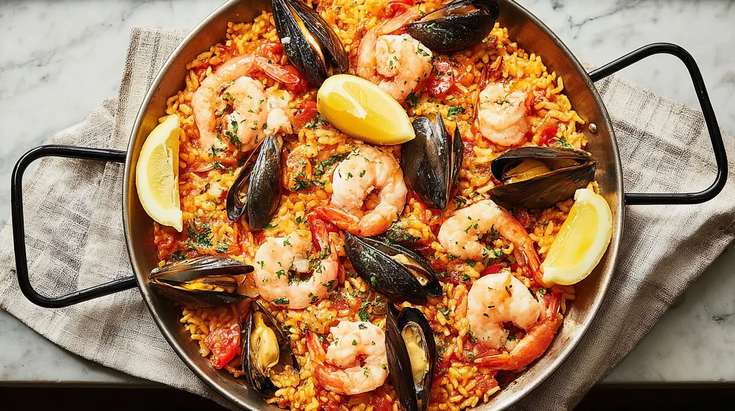 A vibrant dish of paella with seafood, showcasing mussels, prawns, and rice.