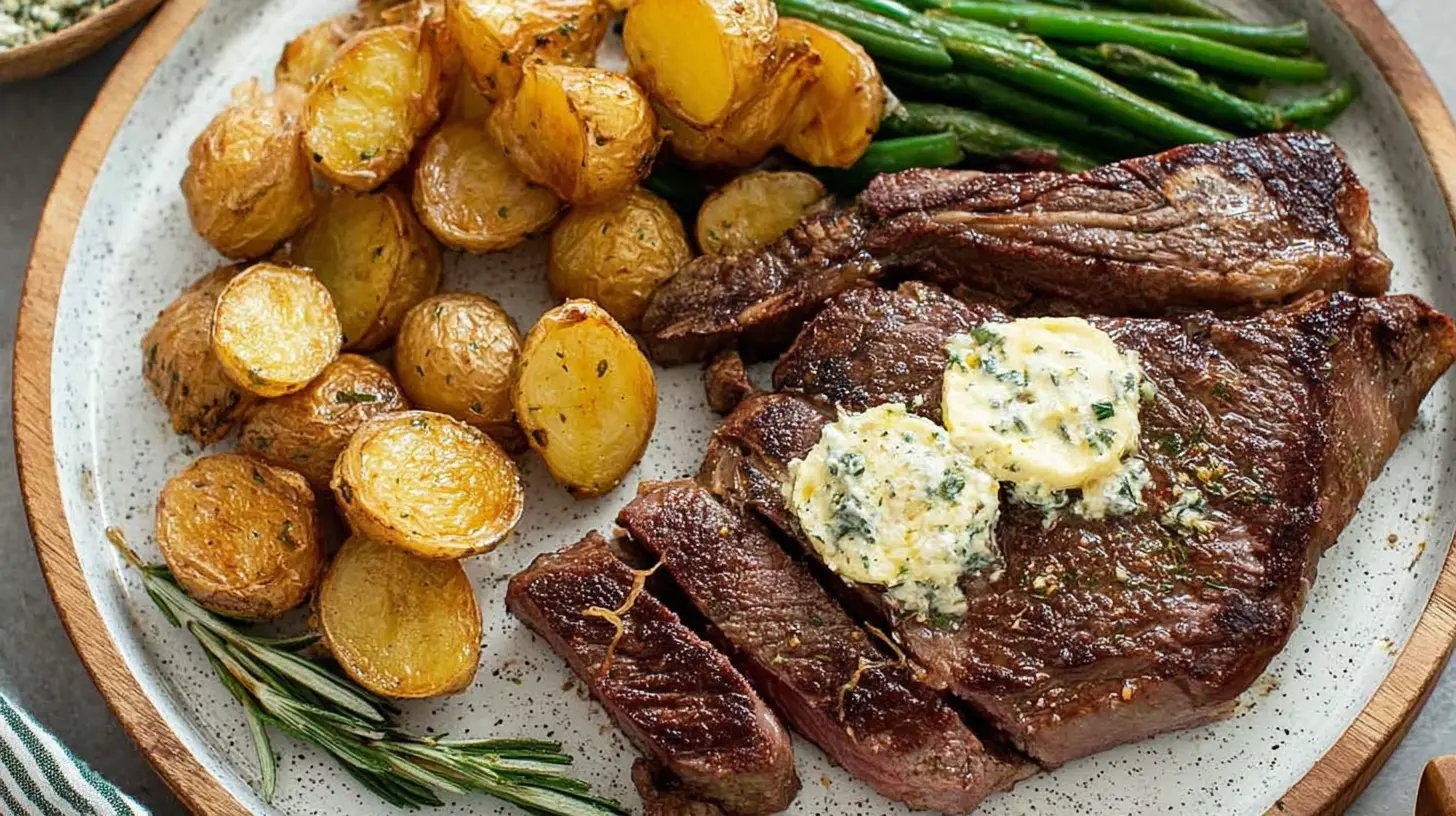 A perfectly pan seared steak with garlic butter, sliced and garnished on a white plate.