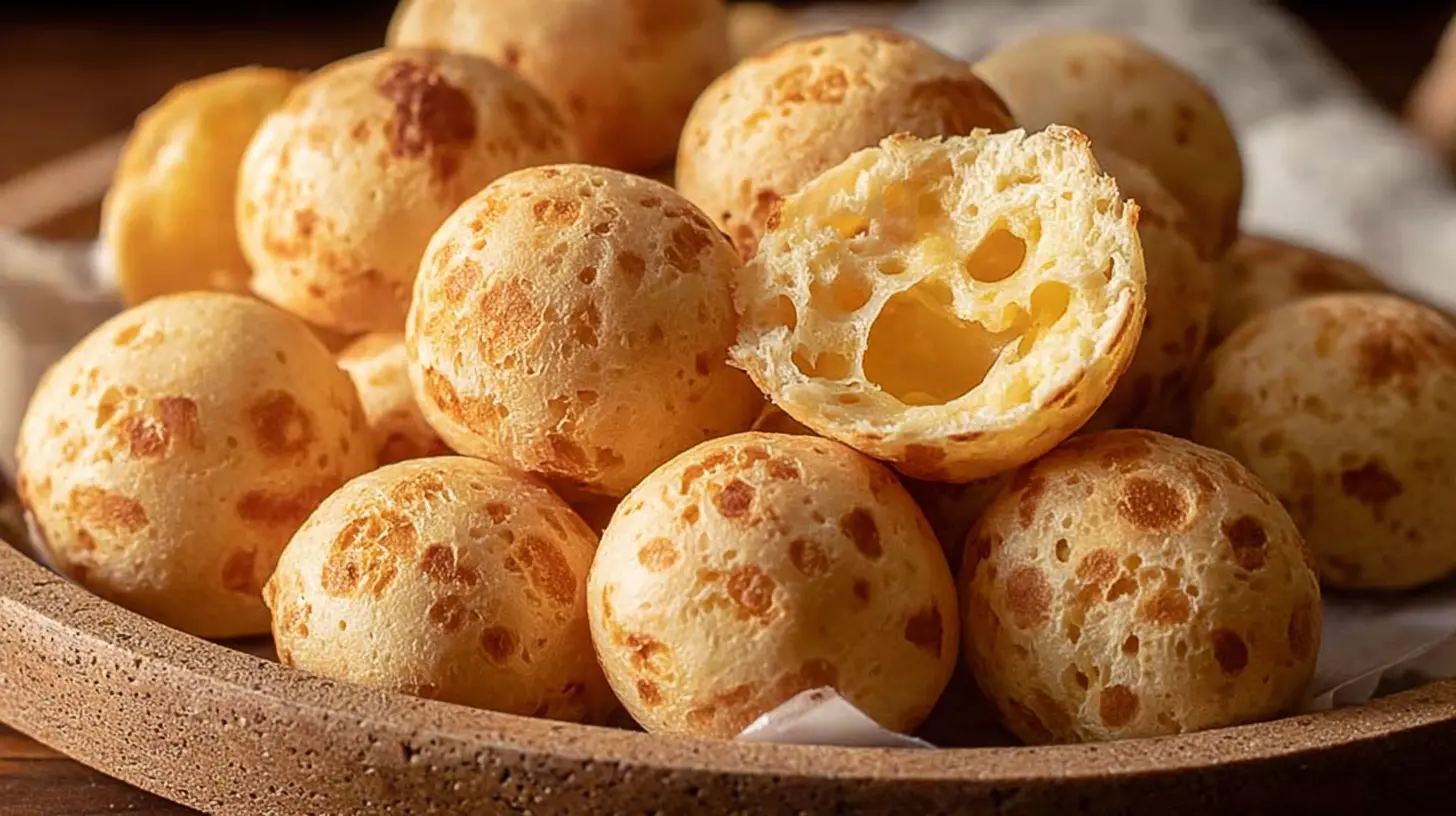 A plate full of golden brown pão de queijo, perfectly baked.