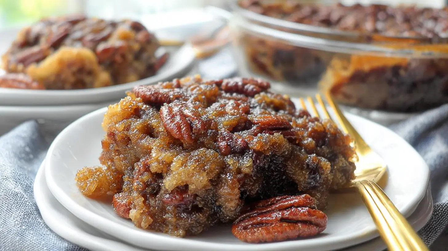 A freshly baked pecan pie dump cake, golden brown and glistening