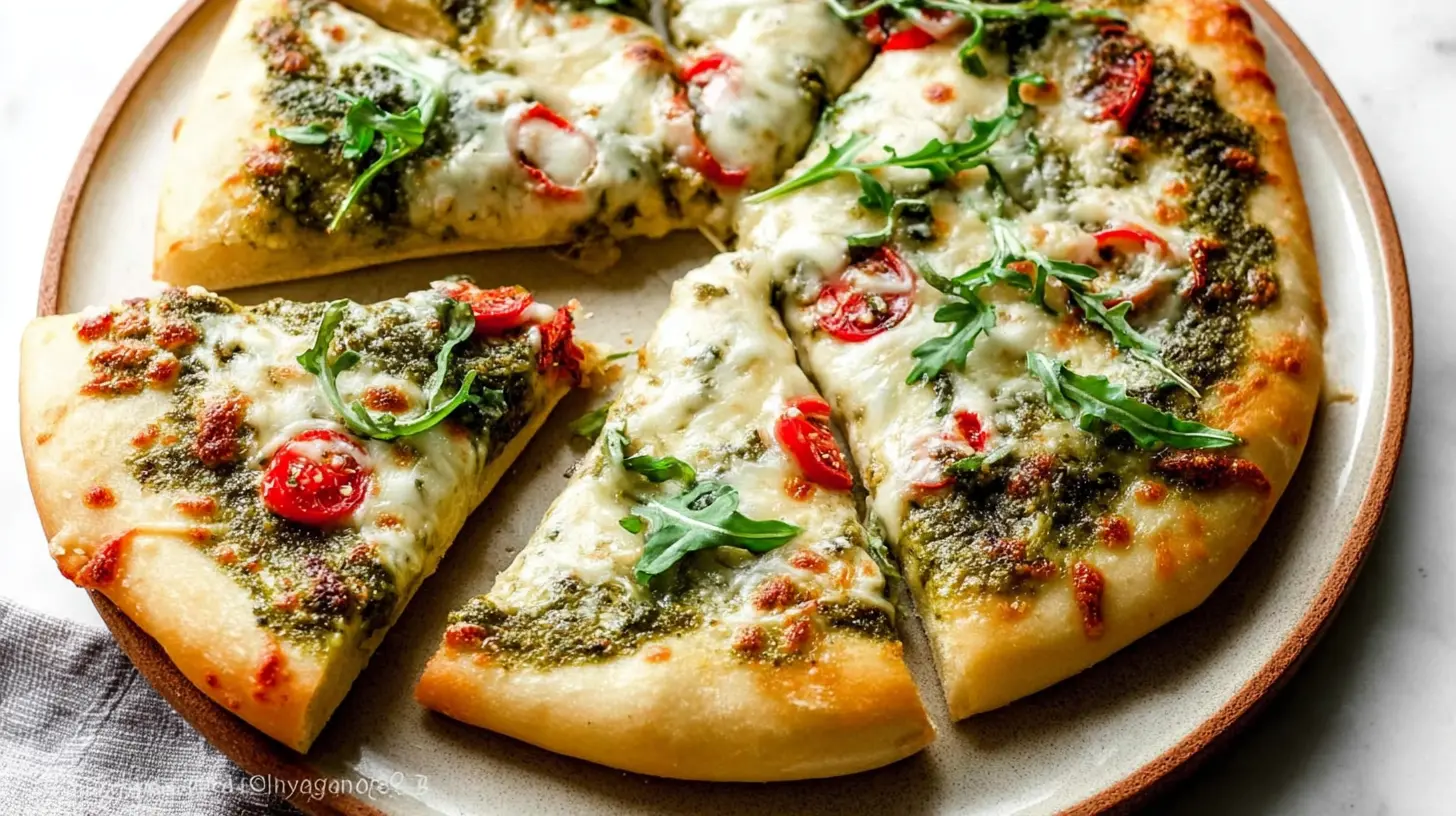 A freshly baked pesto pizza with vibrant green sauce and melted cheese.
