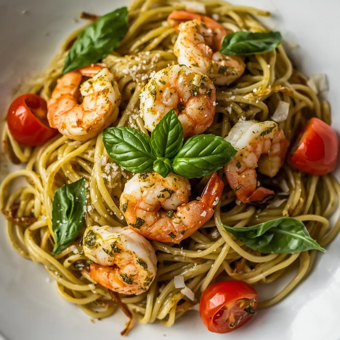 A close-up of pesto shrimp spaghetti with cherry tomatoes and fresh basil leaves.