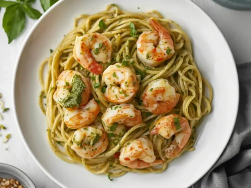 A close-up of pesto shrimp spaghetti with cherry tomatoes and fresh basil leaves.