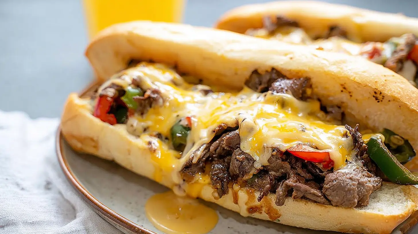 A freshly made Philly cheesesteak with melted cheese and thinly sliced steak