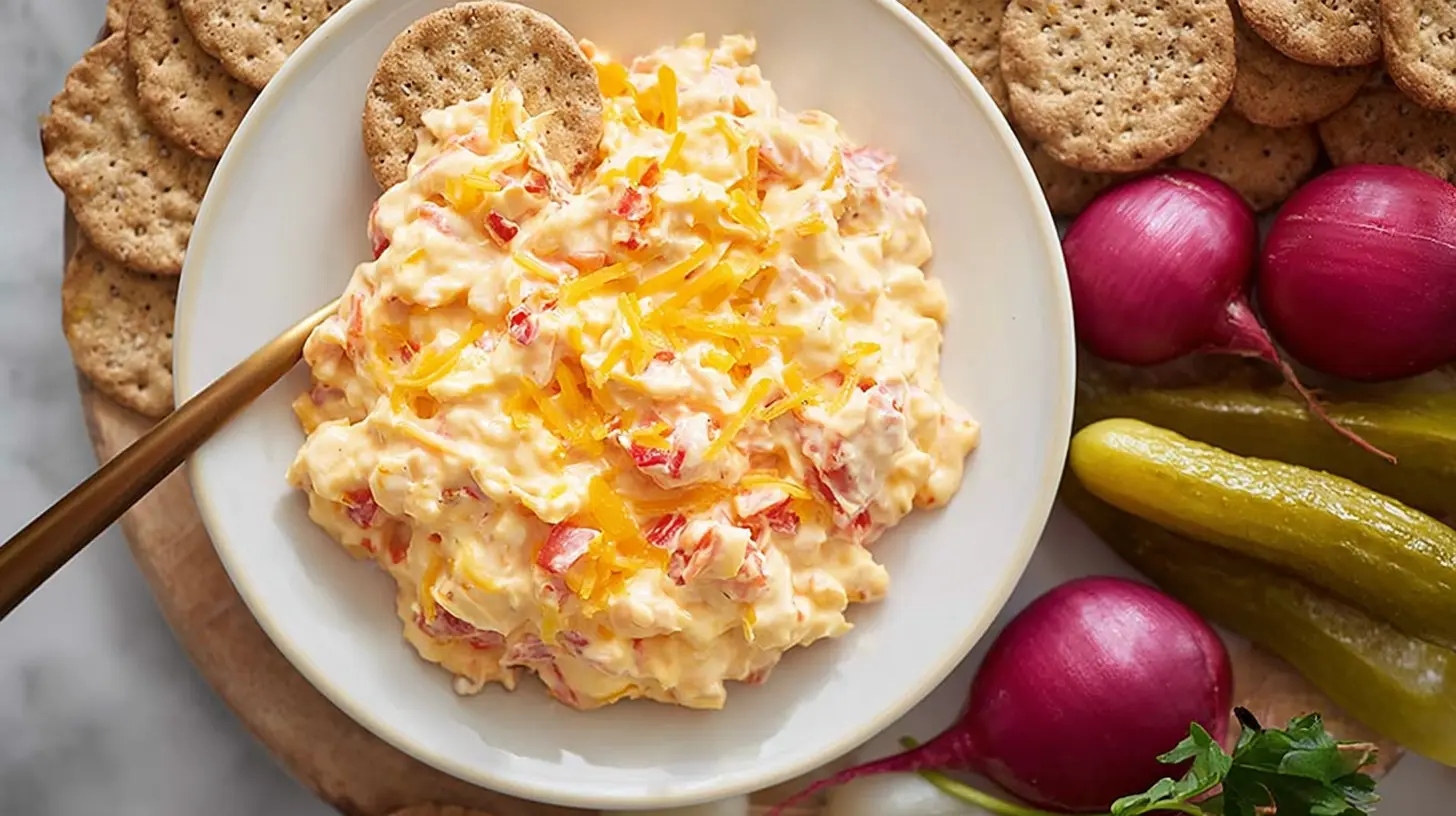 A bowl of rich, creamy pimento cheese spread, garnished with fresh chives.