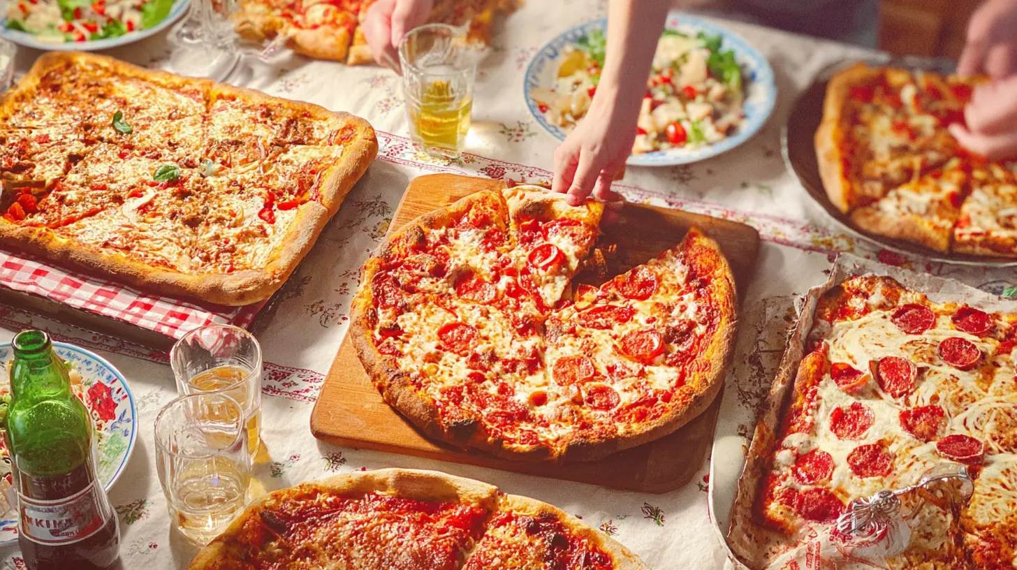 A cozy indoor setting with various pizzas laid out, suggesting a fun pizza night