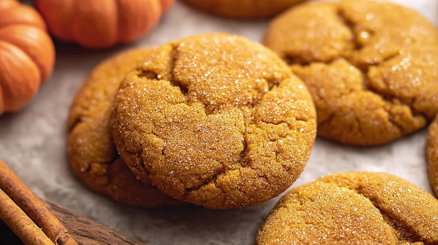 A plate of freshly baked pumpkin cookies on a wooden table.