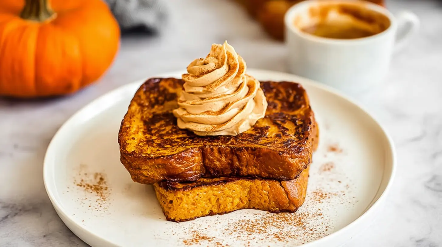 Plated Pumpkin French Toast drizzled with maple syrup and powdered sugar.