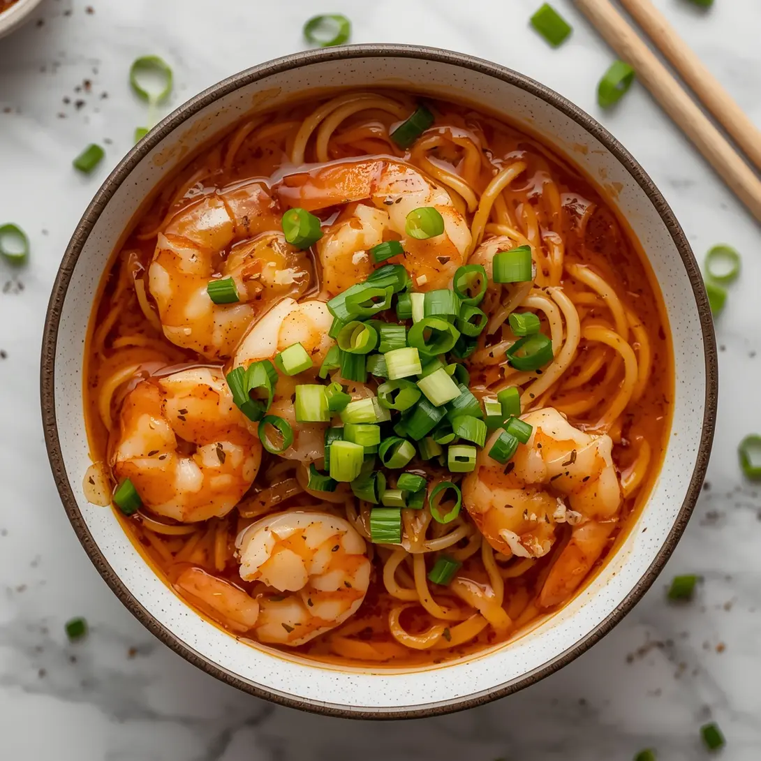 A bowl of quick garlic shrimp ramen with fresh green onion garnish.