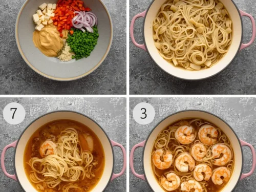 A bowl of quick garlic shrimp ramen with fresh green onion garnish.