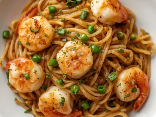 A bowl of quick garlic shrimp ramen with fresh green onion garnish.