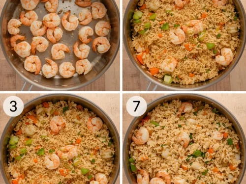 A vibrant one-pot shrimp fried rice dish in a large pan, ready to serve.