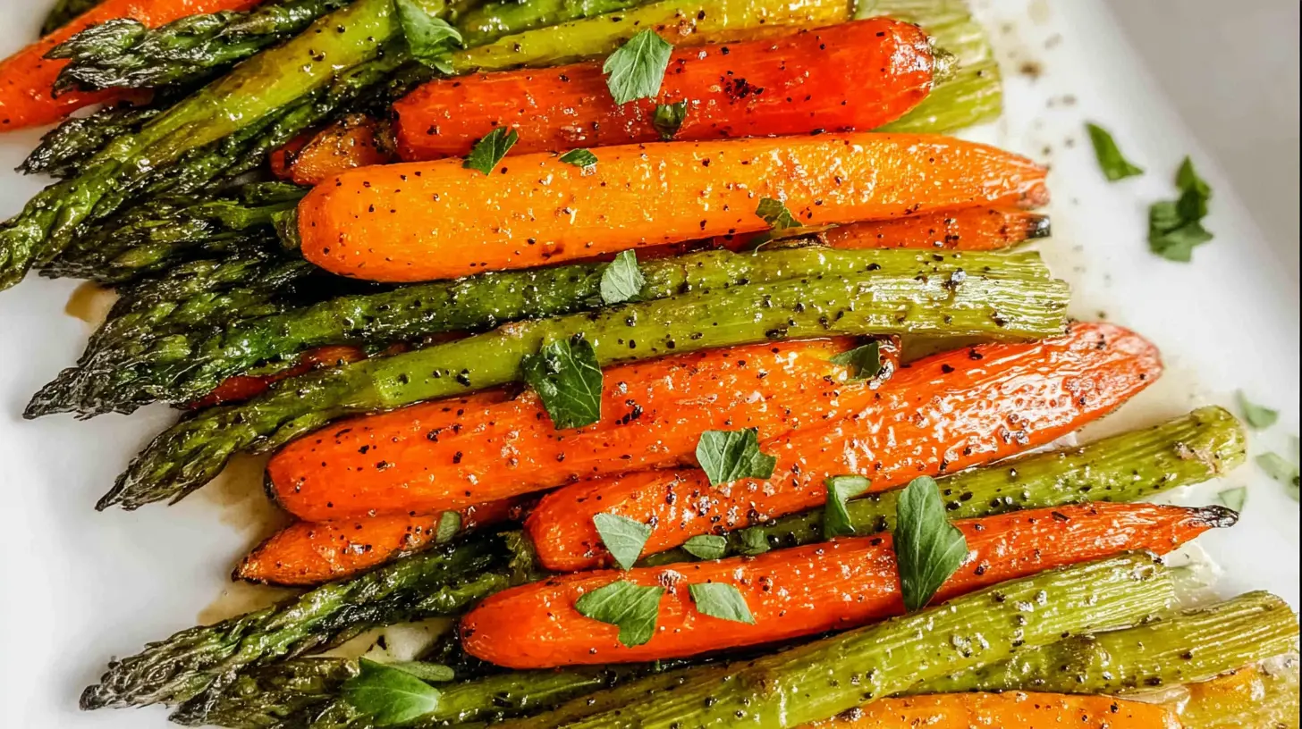 Roasted carrots and asparagus spears seasoned and ready to serve
