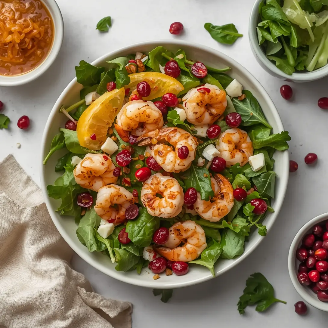 A vibrant roasted shrimp and cranberry salad with fresh greens and a light dressing.