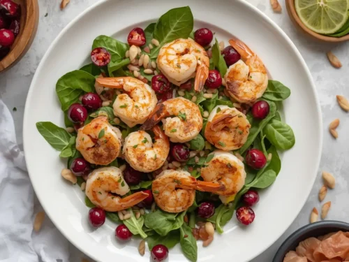 A vibrant roasted shrimp and cranberry salad with fresh greens and a light dressing.