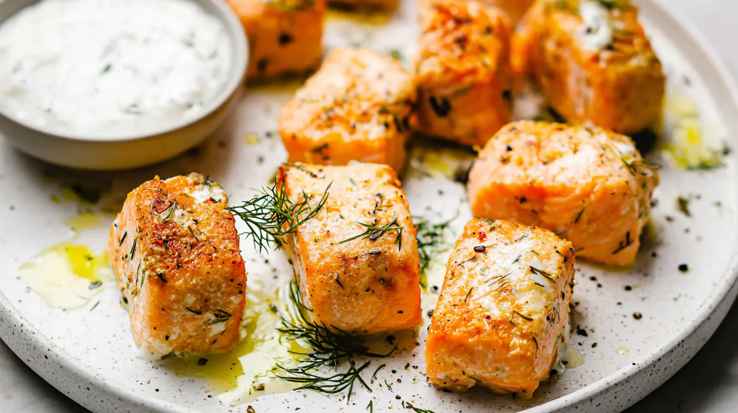 Closeup of perfectly cooked salmon bites arranged on a platter