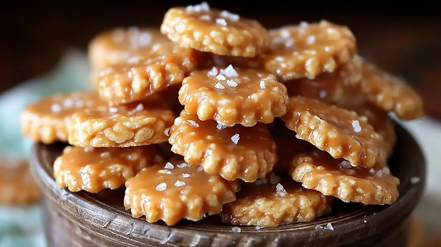 A close-up of salted caramel cracker bites, showcasing their sweet and salty coating.