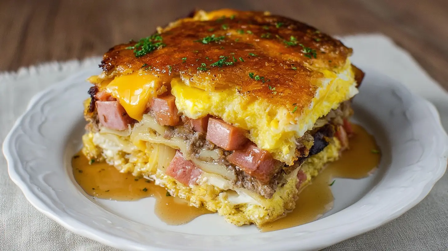 A freshly baked savory breakfast lasagna, rich with layers of morning flavors.