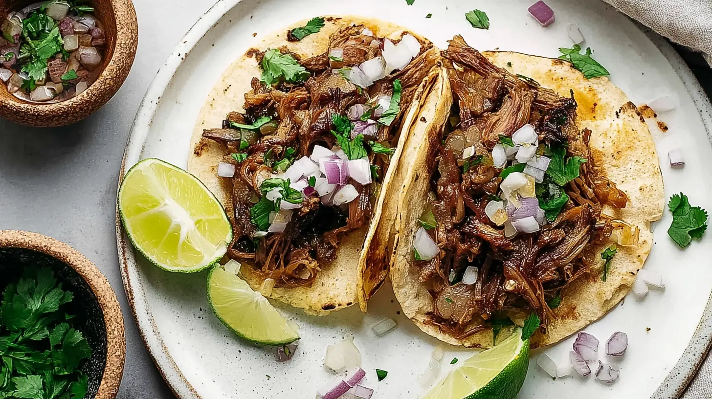 Close-up of delicious carnitas tacos, garnished and ready to eat