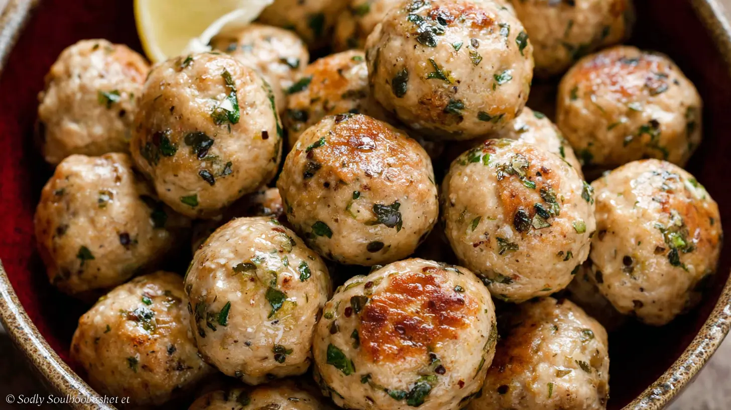 A serving of savory chicken meatballs, perfectly browned.