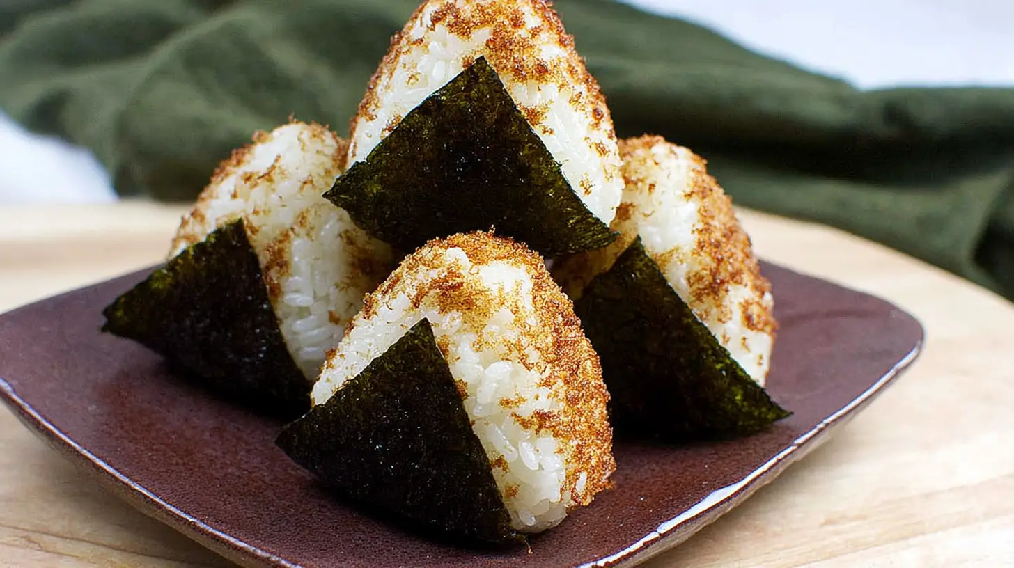 A close-up of savory chicken rice balls, perfectly spherical and golden brown.