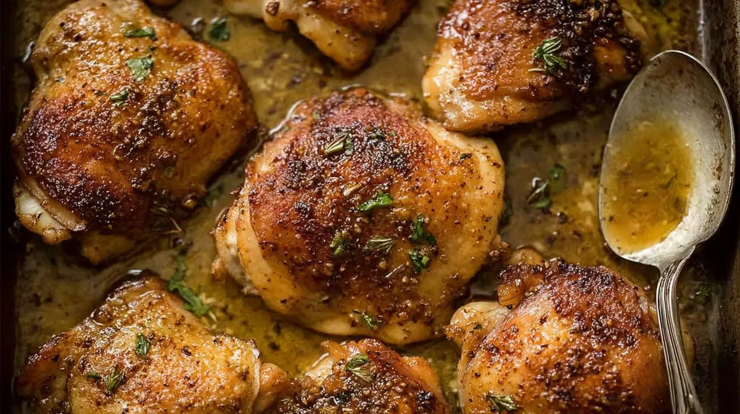 A collection of savory chicken thigh recipes displayed on a rustic wooden table.