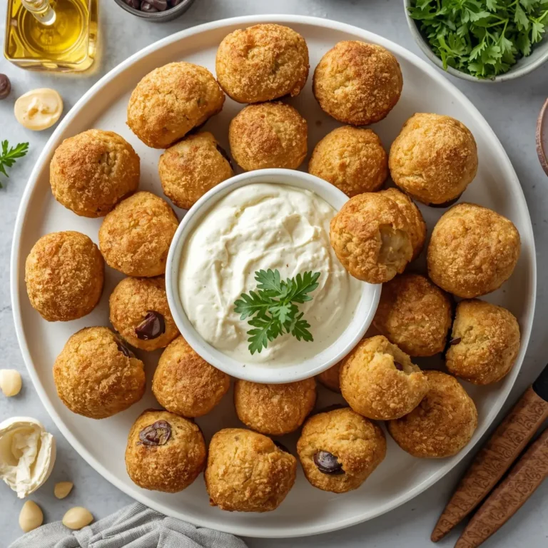 A plate of golden brown olive cheese balls, ready to serve.
