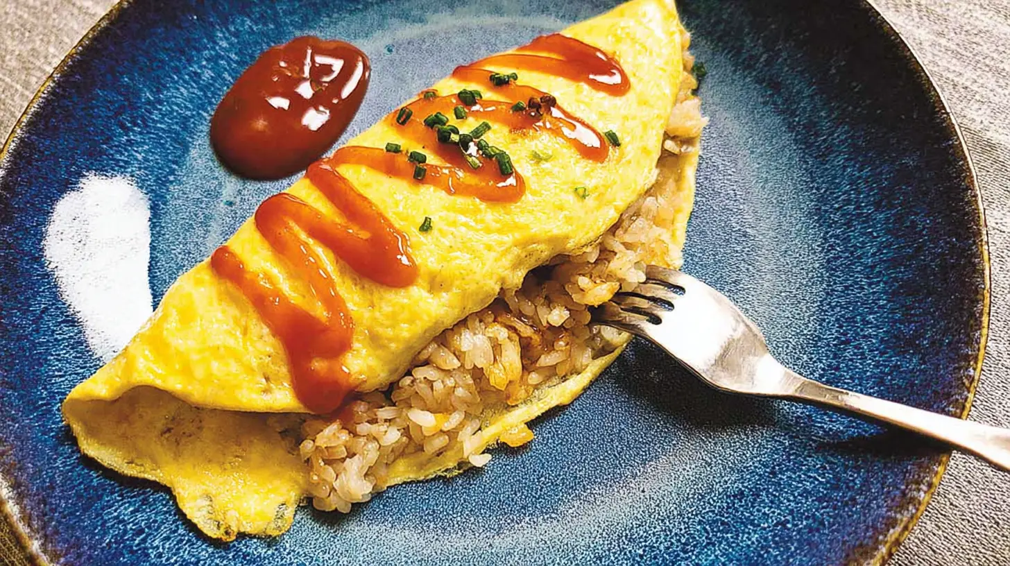 A freshly prepared omelette rice dish with a fluffy egg and savory sauce