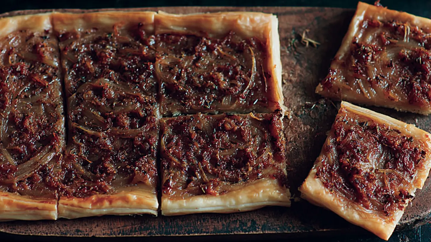A golden-brown onion tart with caramelized onions on top.