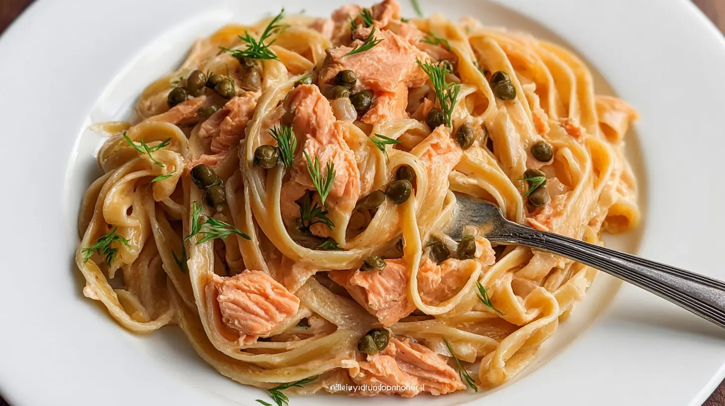 A serving of savory salmon pasta in a bowl