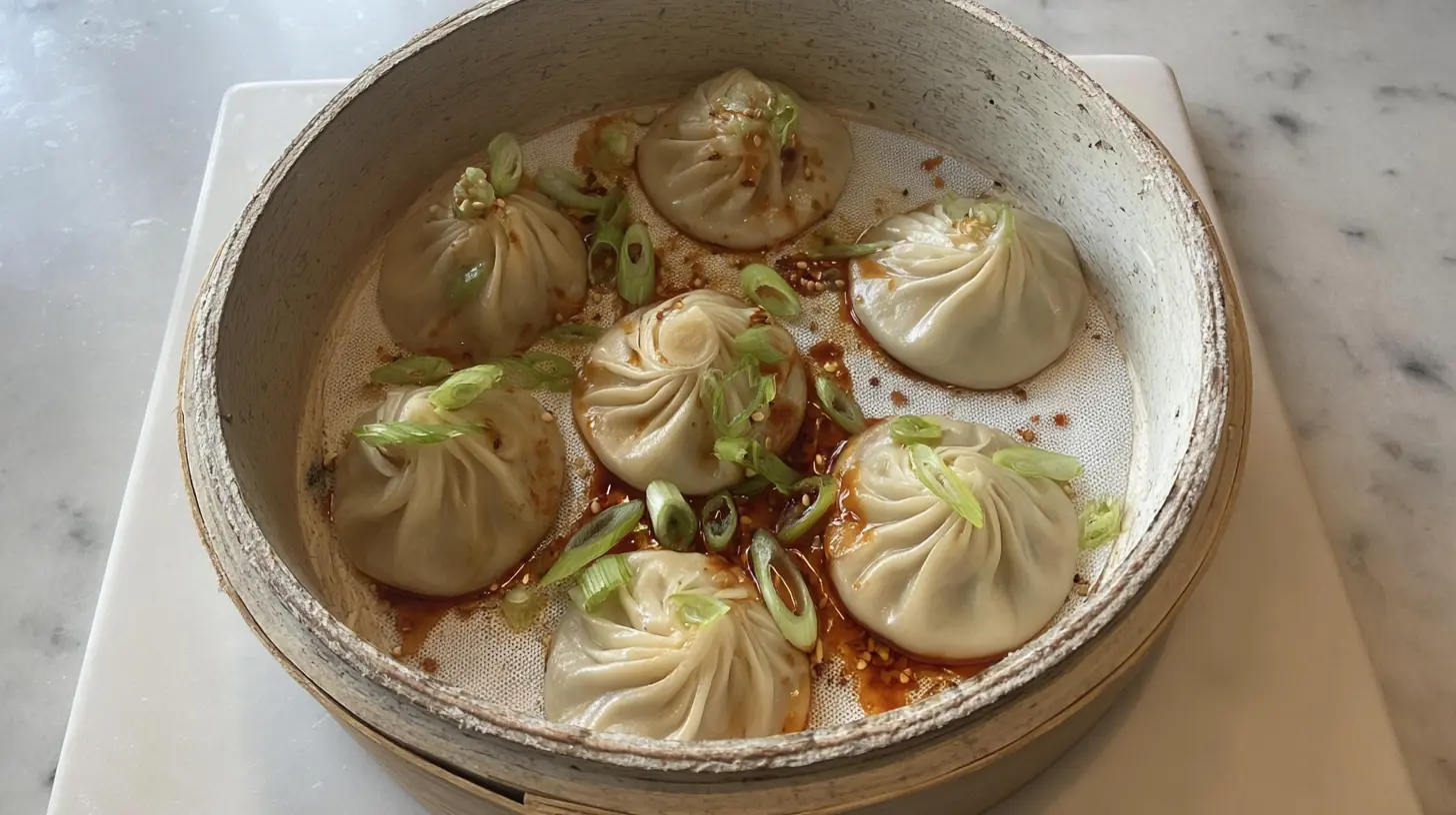 A plate of savory soup dumplings, fresh from the steamer