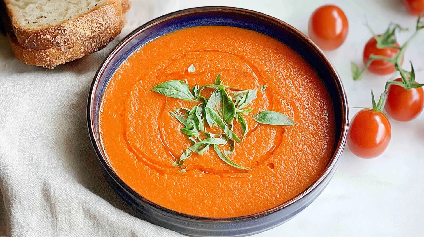 A hot bowl of savory tomato bisque soup, ready to be served.
