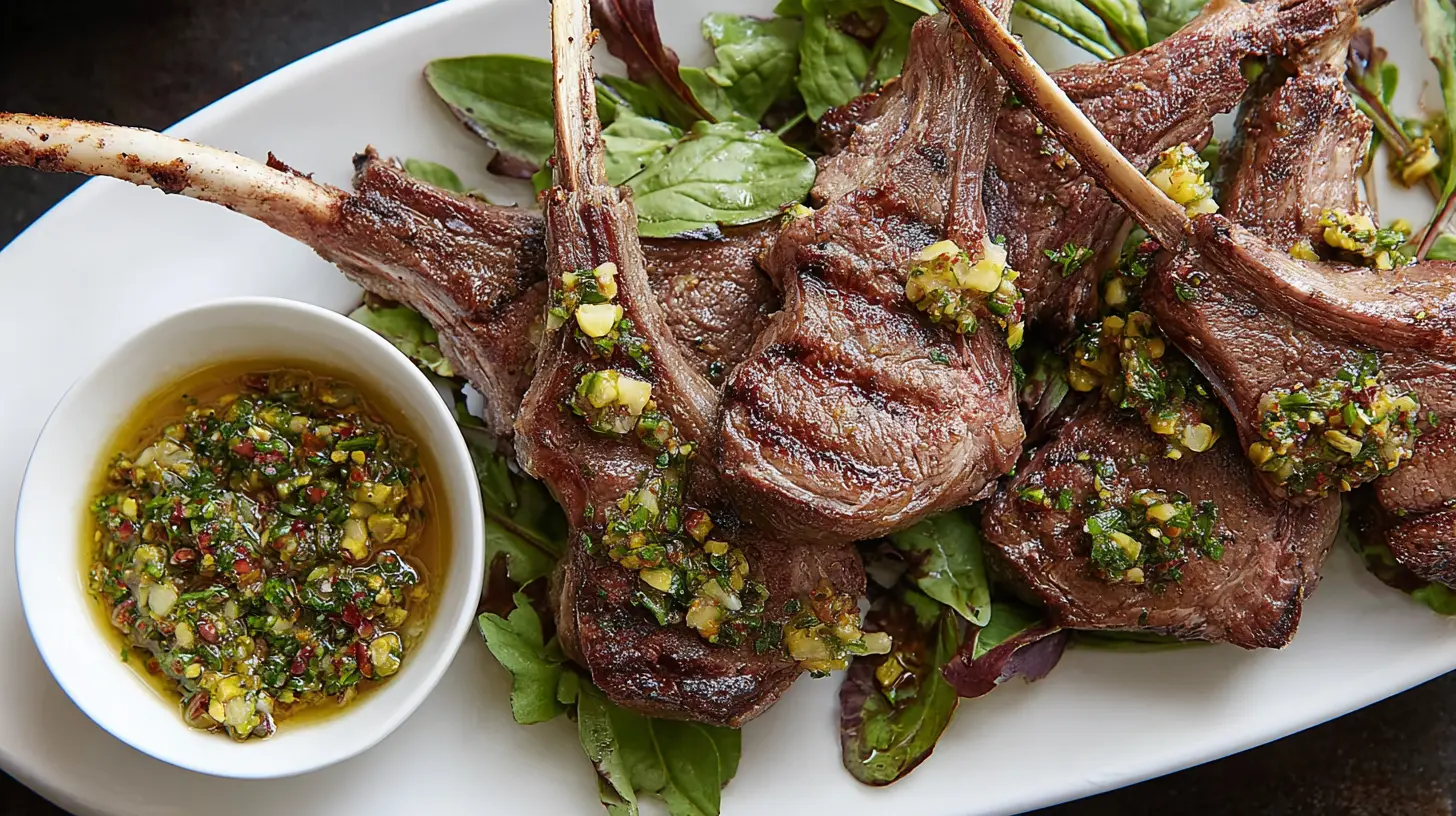Perfectly seared lamb chops topped with a fresh pistachio salsa verde