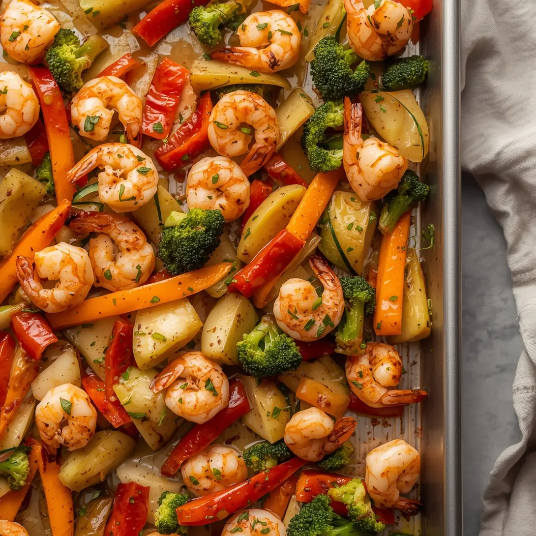 A colorful sheet pan shrimp and veggies meal fresh from the oven