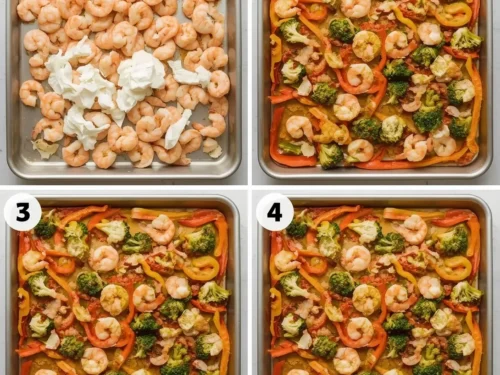 A colorful sheet pan shrimp and veggies meal fresh from the oven