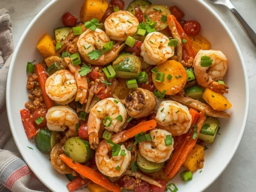 A colorful sheet pan shrimp and veggies meal fresh from the oven