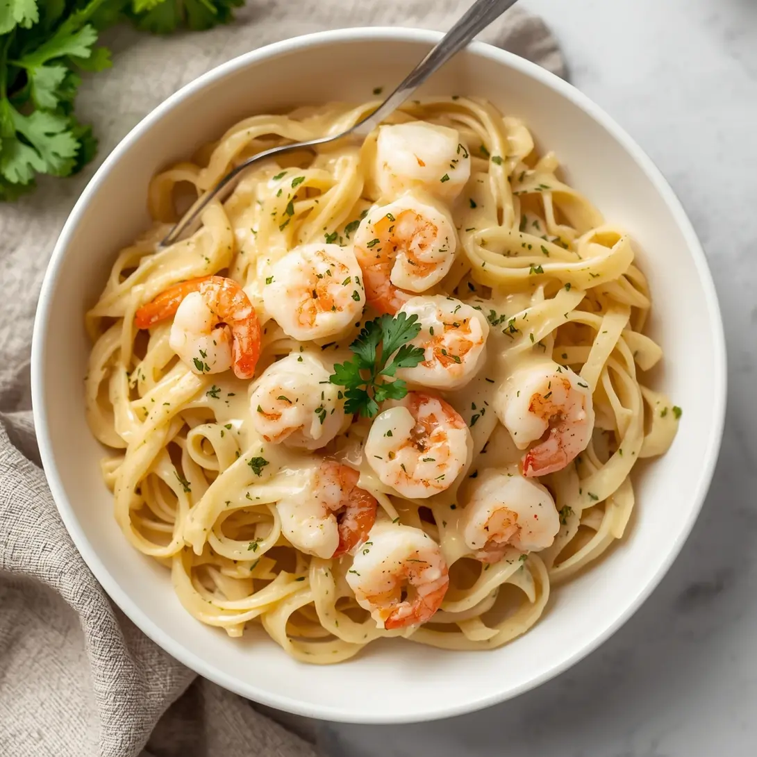 A close-up view of creamy shrimp alfredo fettuccine in a white bowl, garnished with parsley.